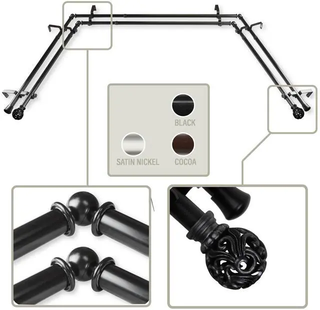 Main image of Cilla 13/16 inch Bay Window Double Curtain Rod 20"-36", 38"-72" - Black