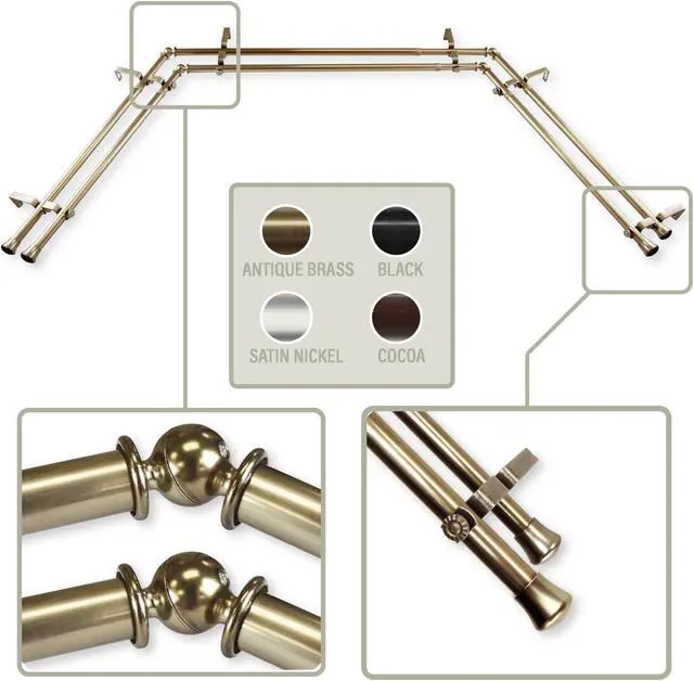 Main image of Basic 13/16 inch Double Bay Curtain Rod 20"-36", 38"-72" - Antique Brass