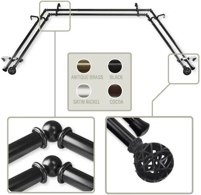 Main image of Ruston 13/16 inch Bay Window Double Curtain Rod 20-36", 38-72" - Black