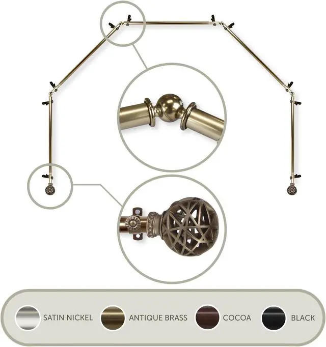 Main image of Ruston 13/16 inch 5-Sided Bay Window Curtain Rod 28-48" - Antique Brass