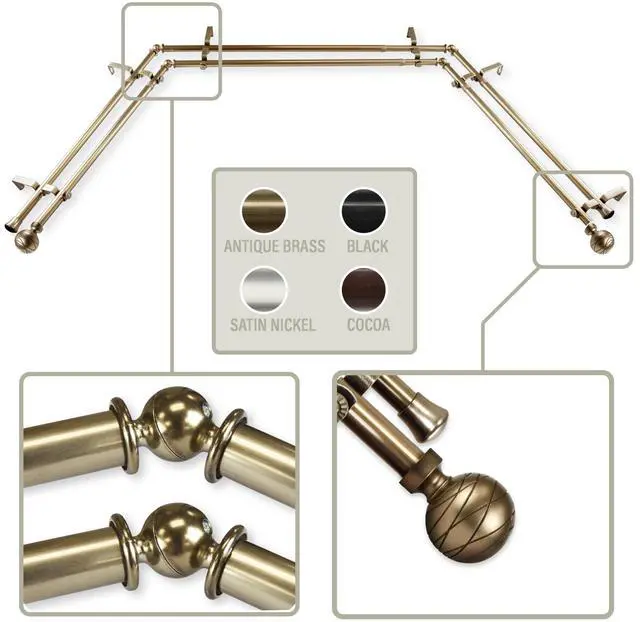 Main image of Lynn 13/16 inch Bay Window Double Curtain Rod 20"-36", 38"-72" - Antique Brass