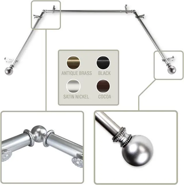 Main image of Lex 13/16 inch Bay Window Curtain Rod 20"-36", 38"-72" - Satin Nickel