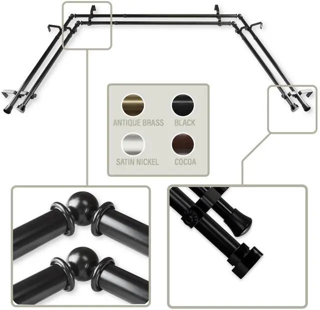 Main image of Thornhill 13/16 inch Bay Window Double Curtain Rod 20"-36", 38"-72" - Black