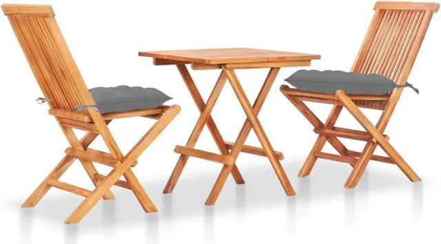 Main image of vidaXL 3 Piece Bistro Set with Gray Cushions Solid Teak Wood