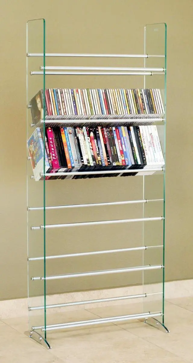 Alt view image 4 of 4 - Clear glass CD/DVD rack, 6 shelves in brushed silver/chrome caps