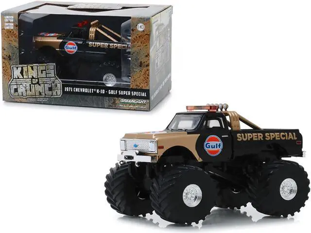 Alt view image 2 of 6 - Greenlight 88013 66 in. 1971 Chevrolet K-10 Monster Truck Gulf Super Special with Tires Kings of Crunch 1 by 43 Diecast Model Car, Black & Gold