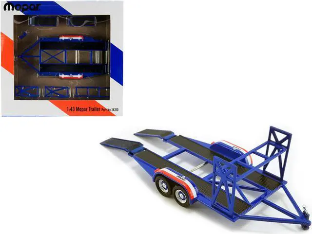 Alt view image 2 of 6 - Tandem Car Trailer with Tire Rack Blue "Mopar" for 1/43 Scale Model Cars by GMP