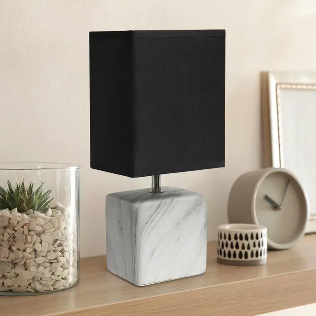 Alt view image 11 of 14 - Simple Designs Petite Marbled Ceramic Table Lamp with Fabric Shade, White with Black Shade