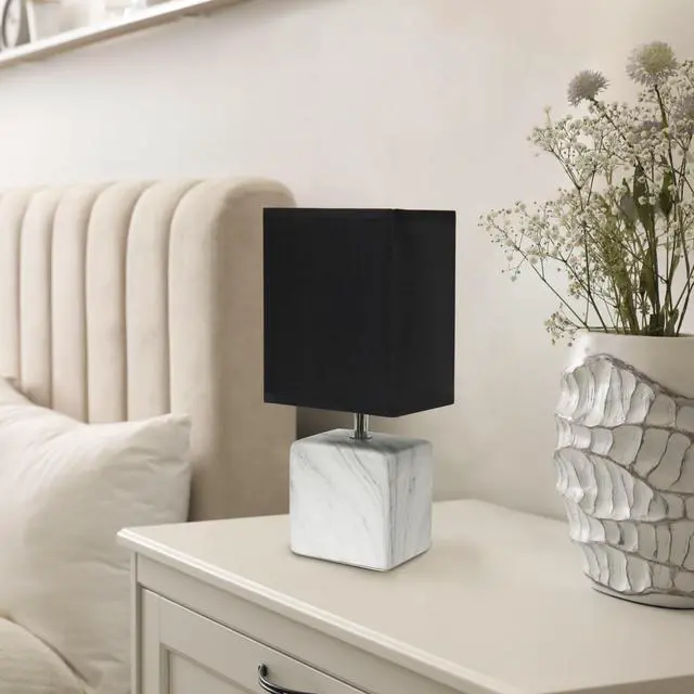 Alt view image 12 of 14 - Simple Designs Petite Marbled Ceramic Table Lamp with Fabric Shade, White with Black Shade