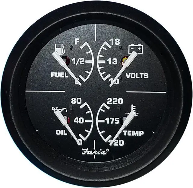 Main image of Faria 4" 4-in-1 Multifunction Gauge - Voltmeter (10-16) Fuel Level - Oil PSI (80 PSI) - Water Temp (100-250F)