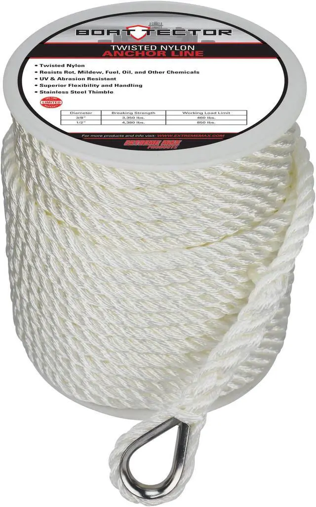 Main image of Extreme Max 3006.2303 BoatTector Twisted Nylon Anchor Line with Thimble - 1/2" x 150', White