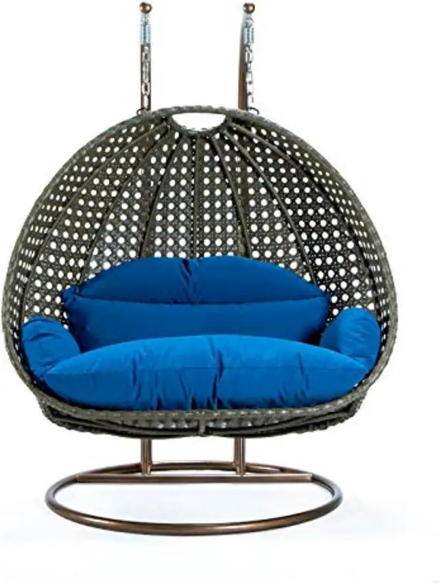 Alt view image 10 of 12 - LeisureMod Beige Wicker 2 person Double Hanging Egg Swing Chair in Blue