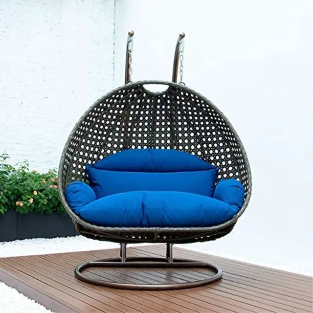 Alt view image 11 of 12 - LeisureMod Beige Wicker 2 person Double Hanging Egg Swing Chair in Blue