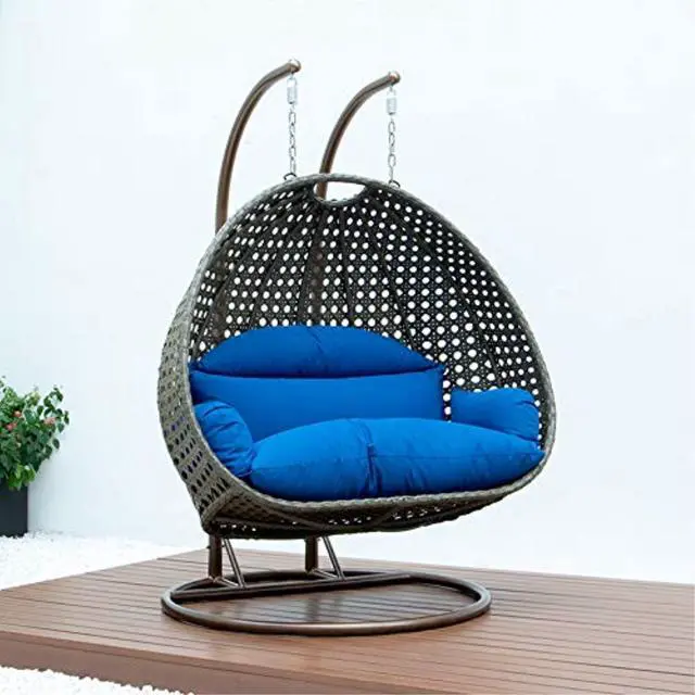 Alt view image 12 of 12 - LeisureMod Beige Wicker 2 person Double Hanging Egg Swing Chair in Blue