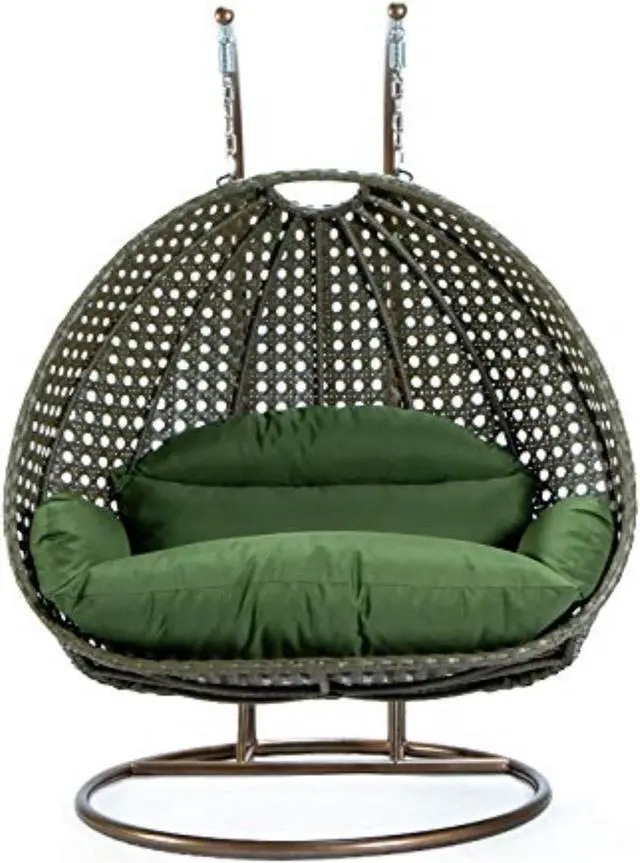 Alt view image 11 of 14 - LeisureMod Beige Wicker 2 person Double Hanging Egg Swing Chair in Dark Green