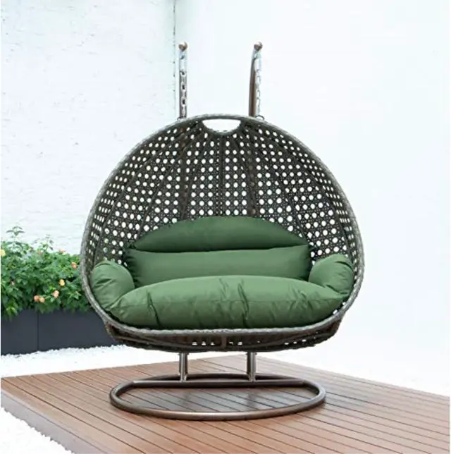 Alt view image 12 of 14 - LeisureMod Beige Wicker 2 person Double Hanging Egg Swing Chair in Dark Green