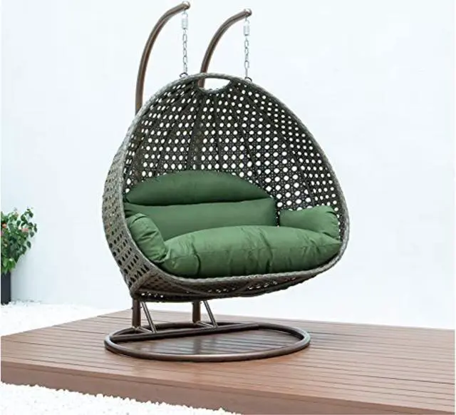 Alt view image 13 of 14 - LeisureMod Beige Wicker 2 person Double Hanging Egg Swing Chair in Dark Green