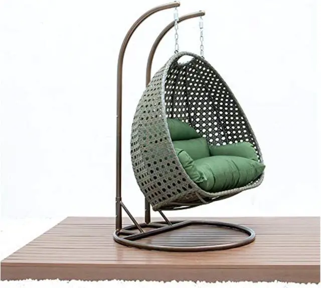 Alt view image 14 of 14 - LeisureMod Beige Wicker 2 person Double Hanging Egg Swing Chair in Dark Green