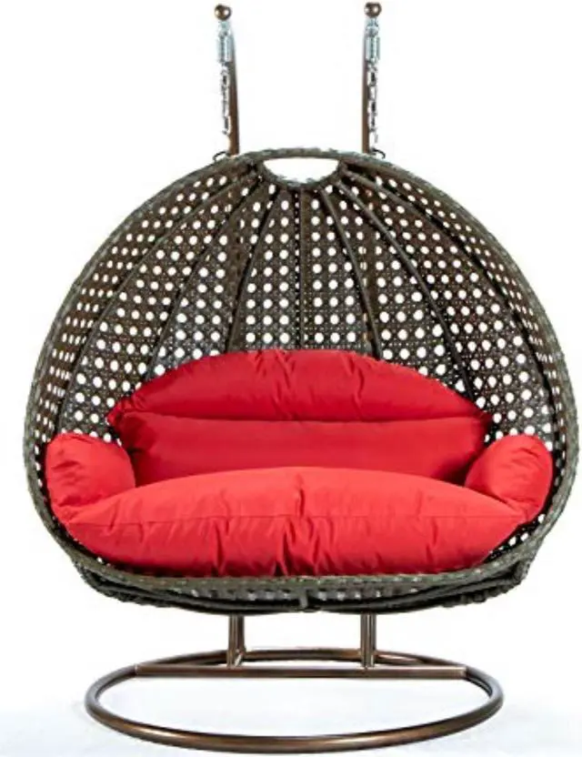 Alt view image 12 of 14 - LeisureMod Beige Wicker 2 person Double Hanging Egg Swing Chair in Red