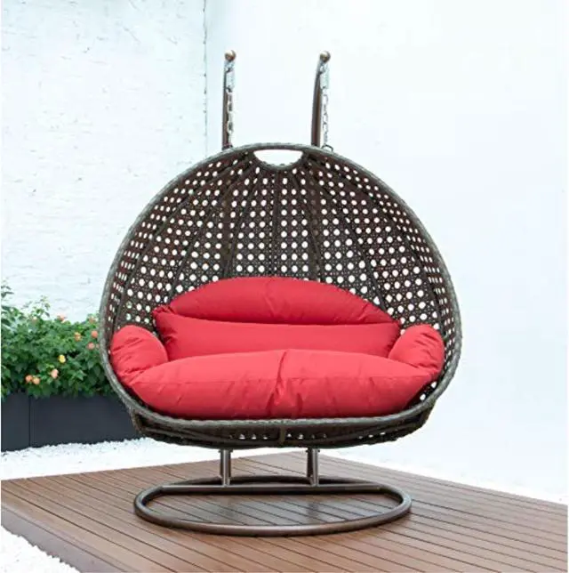 Alt view image 13 of 14 - LeisureMod Beige Wicker 2 person Double Hanging Egg Swing Chair in Red