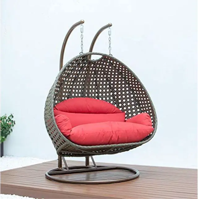 Alt view image 14 of 14 - LeisureMod Beige Wicker 2 person Double Hanging Egg Swing Chair in Red