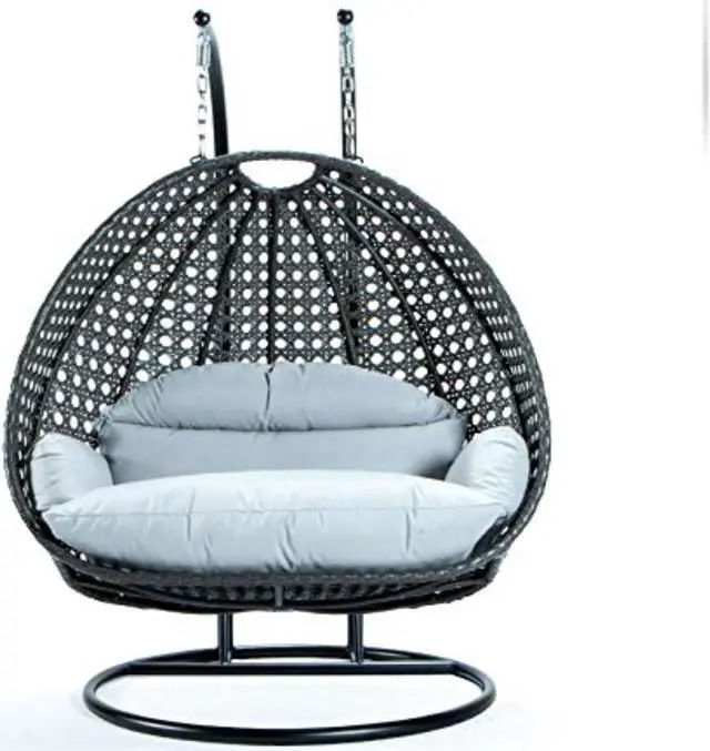 Alt view image 14 of 14 - LeisureMod Charcoal Wicker 2 person Double Hanging Egg Swing Chair in Light Grey