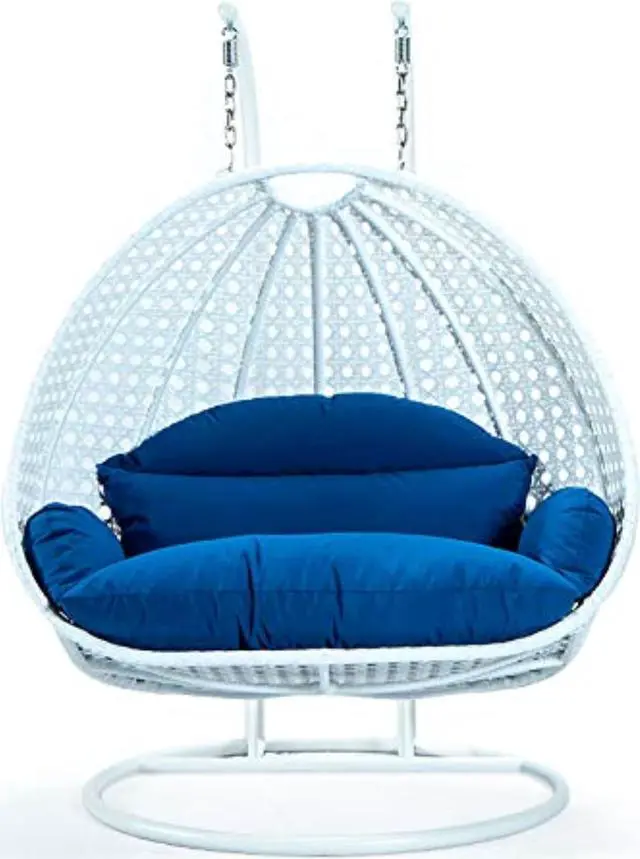 Alt view image 11 of 13 - LeisureMod White Wicker 2 person Double Hanging Egg Swing Chair in Blue