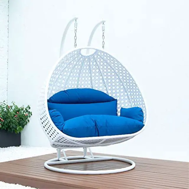 Alt view image 13 of 13 - LeisureMod White Wicker 2 person Double Hanging Egg Swing Chair in Blue