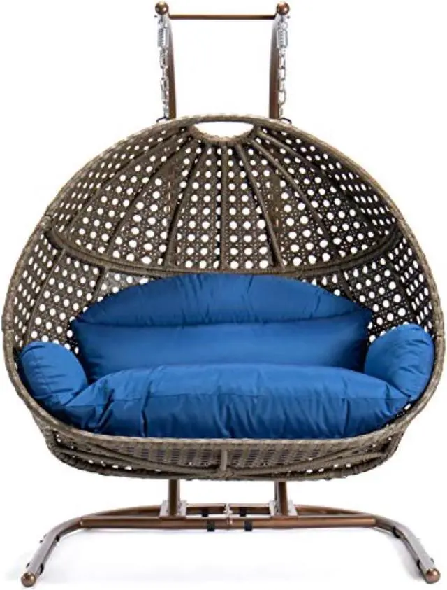 Alt view image 5 of 8 - LeisureMod Wicker 2 Person Hanging Egg Swing Chair With Cushion Indoor Outdoor Use in Charcoal Blue