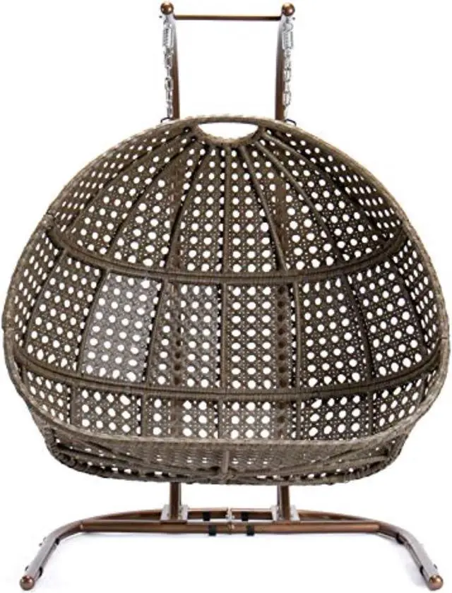 Alt view image 7 of 8 - LeisureMod Wicker 2 Person Hanging Egg Swing Chair With Cushion Indoor Outdoor Use in Charcoal Blue