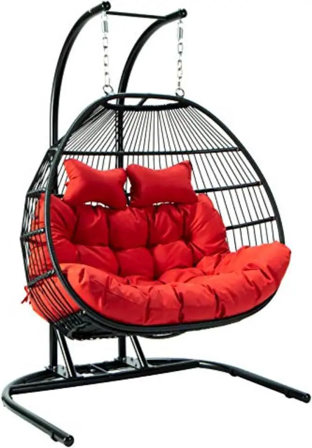 Alt view image 11 of 13 - LeisureMod Wicker 2 Person Double Folding Hanging Egg Swing Chair in Red