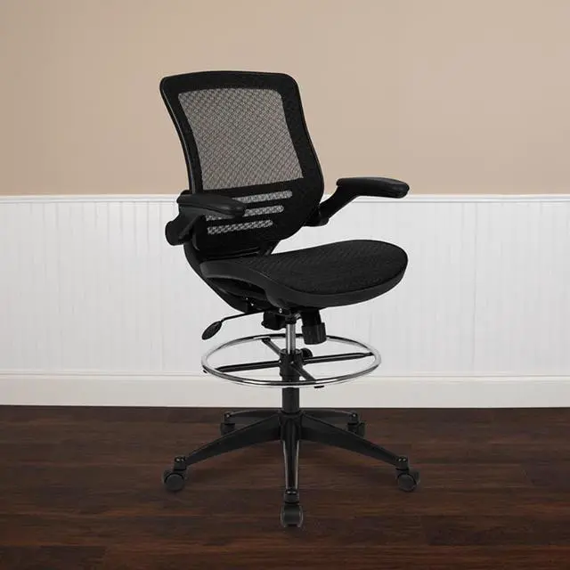 Alt view image 16 of 20 - Mid-Back Transparent Black Mesh Drafting Chair with Black Frame and Flip-Up Arms