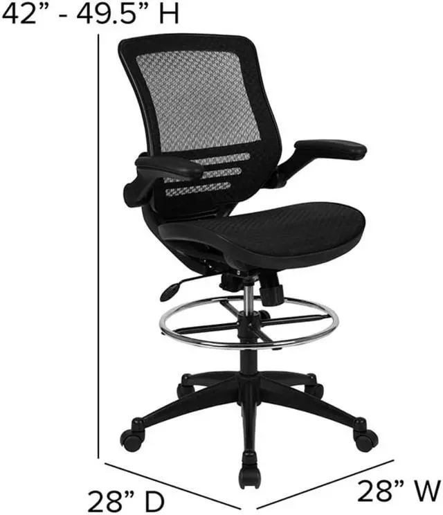 Alt view image 17 of 20 - Mid-Back Transparent Black Mesh Drafting Chair with Black Frame and Flip-Up Arms