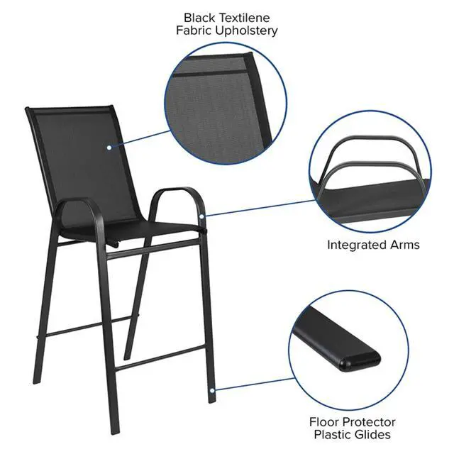 Alt view image 5 of 5 - 2 Pack Brazos Series Black Outdoor Barstool with Flex Comfort Material and Metal Frame