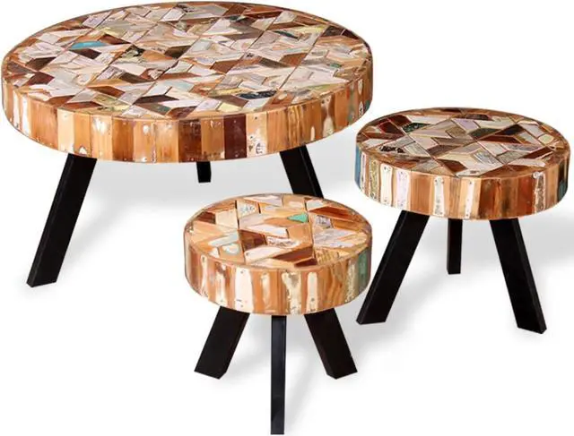 Alt view image 10 of 11 - vidaXL Coffee Table Set 3 Piece Round Side End Table Solid Wood Reclaimed