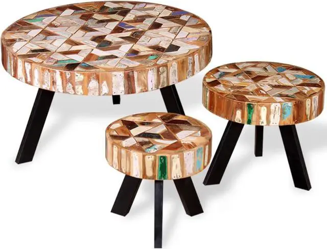 Alt view image 11 of 11 - vidaXL Coffee Table Set 3 Piece Round Side End Table Solid Wood Reclaimed