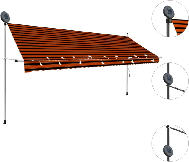 Alt view image 3 of 9 - vidaXL Manual Retractable Awning with LED 157.5" Orange and Brown