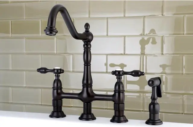 Alt view image 10 of 12 - Kingston Brass KS1275TALBS Tudor 8" Center Kitchen Faucet With Brass Sprayer