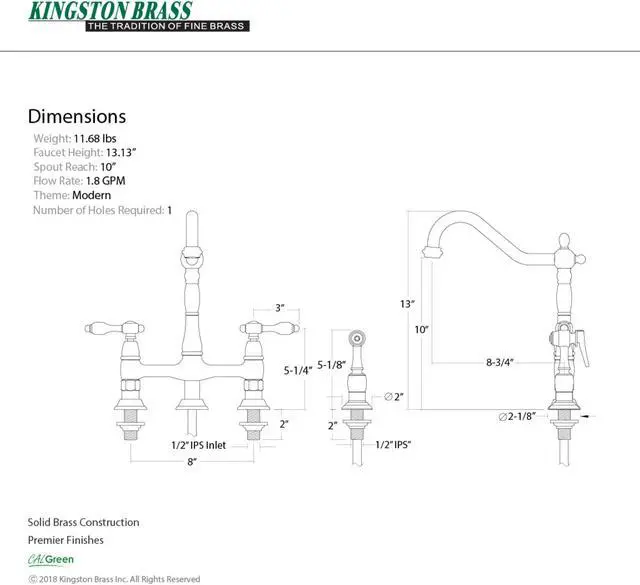 Alt view image 6 of 7 - Kingston Brass KS1278TALBS Tudor 8" Center Kitchen Faucet With Brass Sprayer