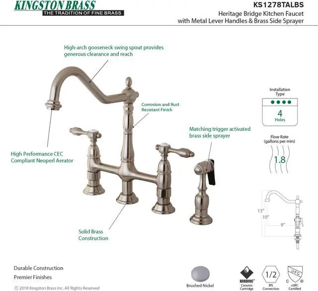 Alt view image 5 of 7 - Kingston Brass KS1278TALBS Tudor 8" Center Kitchen Faucet With Brass Sprayer
