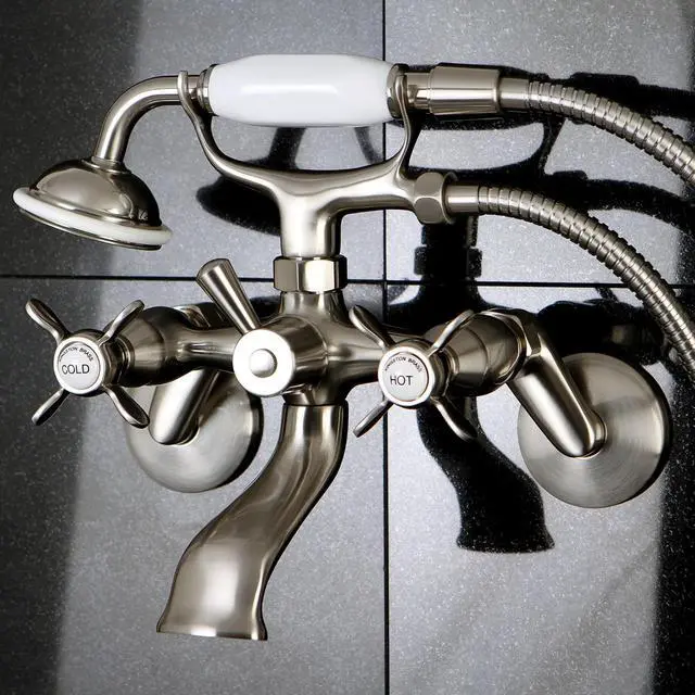 Alt view image 7 of 10 - Kingston Brass KS286SN Essex 3" - 9" Adjustable Centers Wall Mount Clawfoot Tub Filler with Hand Shower, Satin Nickel