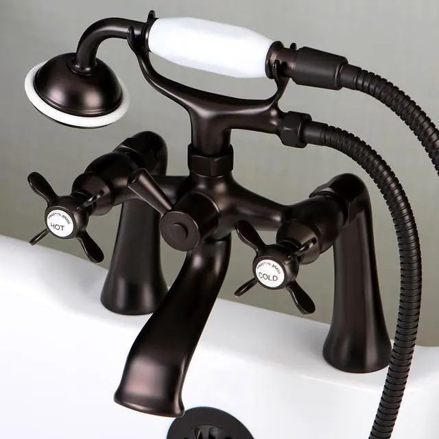 Alt view image 5 of 6 - Kingston Brass KS288ORB Essex 7" Centers Deck Mount Clawfoot Tub Filler with Hand Shower, Oil Rubbed Bronze