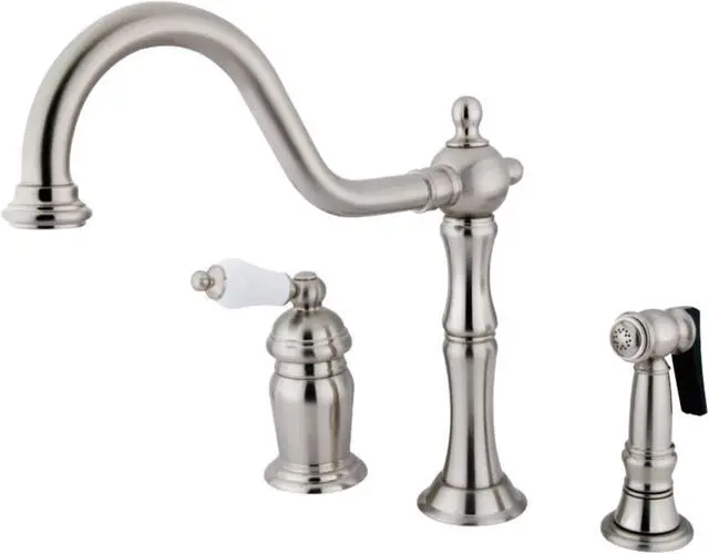 Alt view image 5 of 5 - Kingston Brass KS181.PLBS Heritage Kitchen Faucet with Porcelain Lever Handle an, Satin Nickel