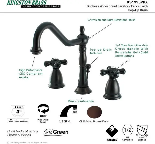 Alt view image 8 of 8 - Kingston Brass KS1995PKX Heritage Onyx Widespread Lavatory Faucet With Black Por