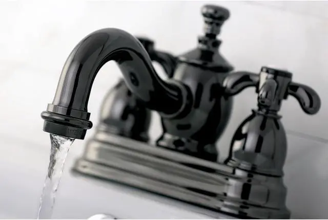 Alt view image 13 of 16 - Kingston Brass NS7100TX Water Onyx 4 inch centerset lavatory faucet with cross handles and brass pop up drain, Black Nickel