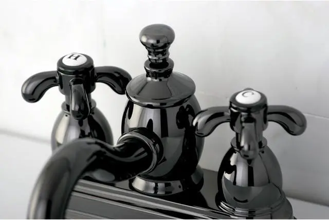 Alt view image 15 of 16 - Kingston Brass NS7100TX Water Onyx 4 inch centerset lavatory faucet with cross handles and brass pop up drain, Black Nickel