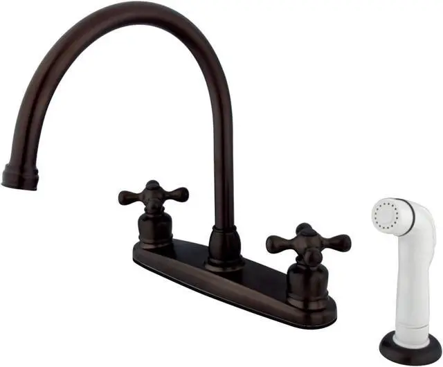 Alt view image 3 of 3 - Kingston Brass KB725AX Double Handle Goose Neck Kitchen Faucet with White Sprayer