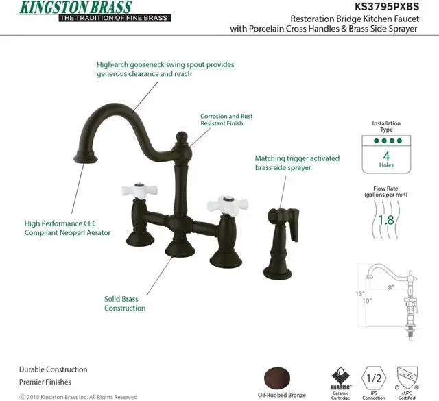 Alt view image 5 of 5 - Kingston Brass KS3795PXBS 8 in. Deck Mount Kitchen Faucet with Brass Sprayer