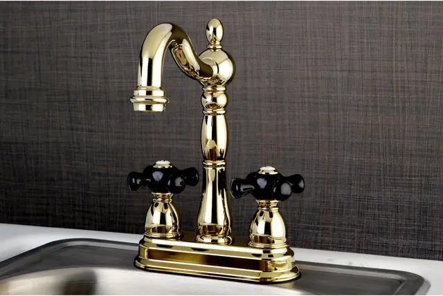 Alt view image 4 of 6 - Kingston Brass KB1492PKX 4 in. Centerset Bar Faucet with Classic Cross Handle, Polished Brass