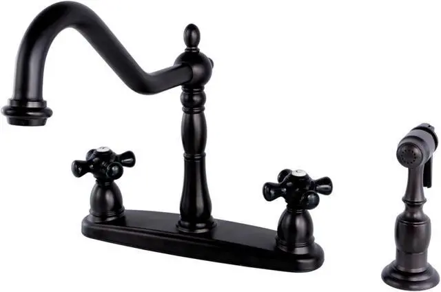 Alt view image 4 of 8 - Kingston Brass KB1755PKXBS 8 in. Victorian Centerset Kitchen Faucet & Brass Sprayer with Classic Cross Handle, Oil Rubbed Bronze